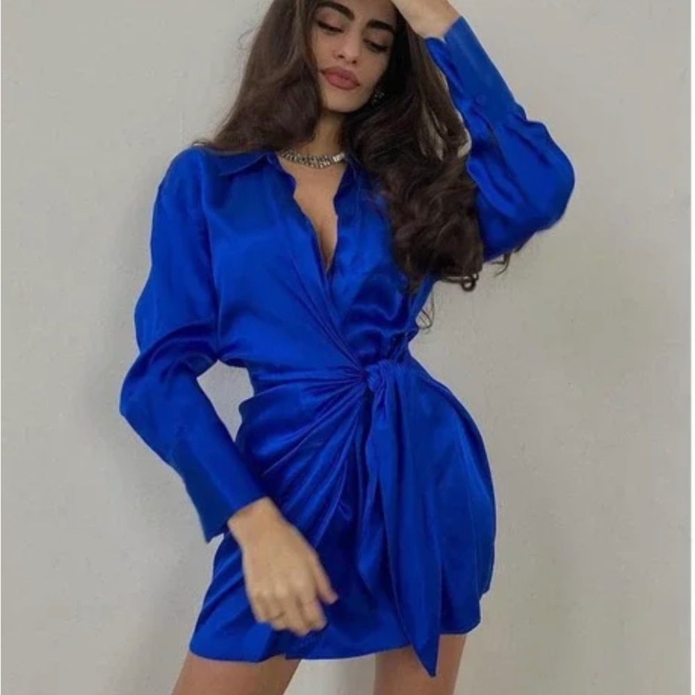 ZARA Blue Women’s Satin Effect Wrap Dress XS New